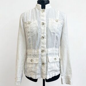 Paraphrase Safari White Linen Jacket Womens Size 12 Front Pockets Travel EUC